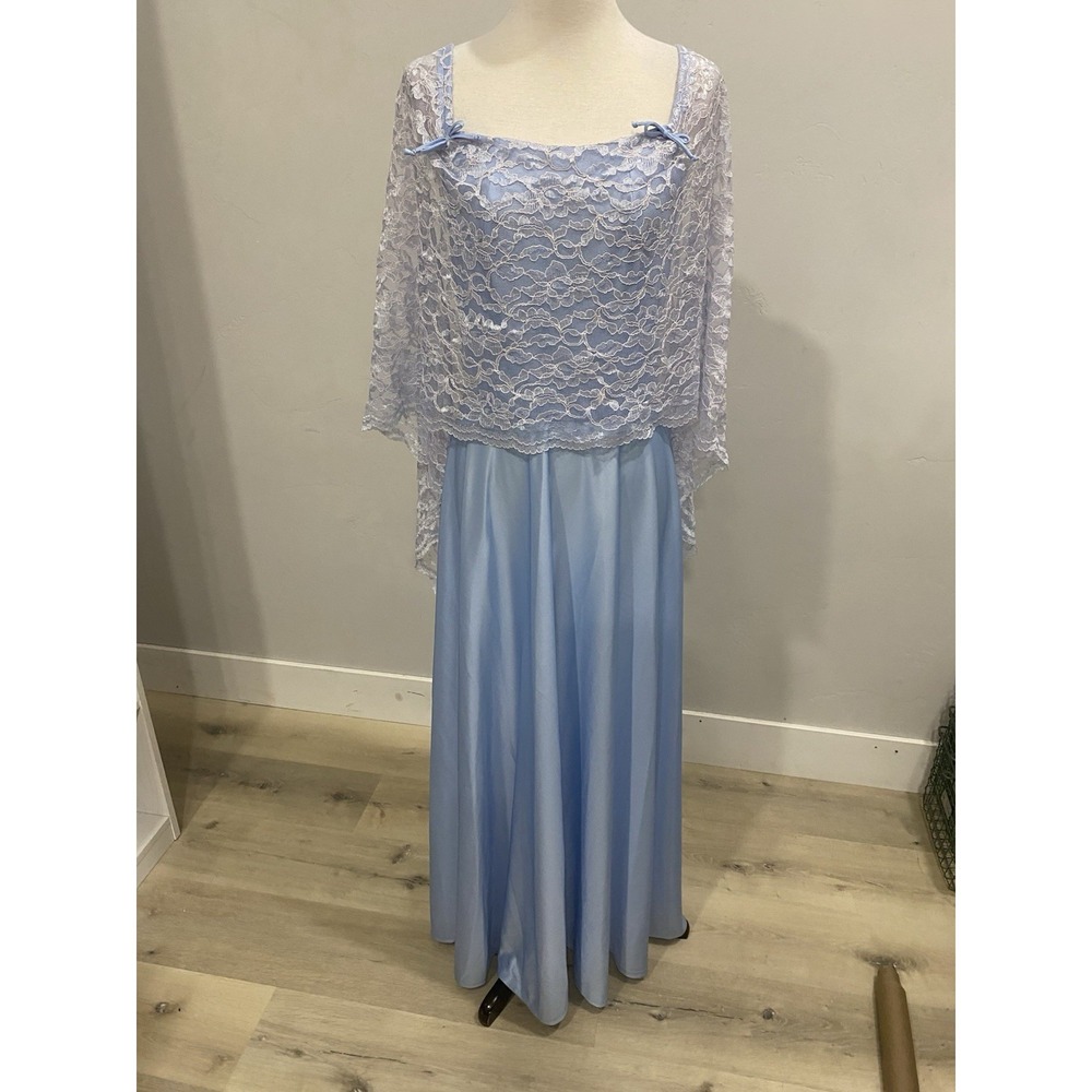 VTG 70's Maxi Gown Dress Blue Lace Overlay Capulet Formal Wedding‎ Cottagecore